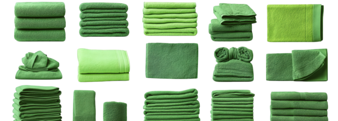 a collection of neatly folded green towels. presented in various configurations. showcasing different folding styles. showcasing textures and shapes