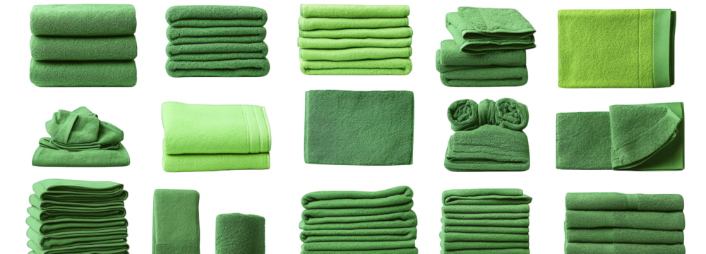 a collection of neatly folded green towels. presented in various configurations. showcasing different folding styles. showcasing textures and shapes