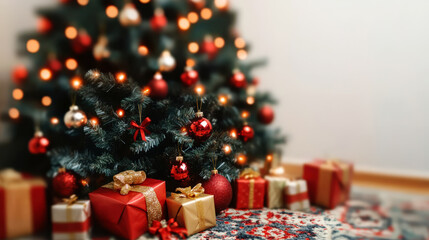 A Christmas tree placed indoors, adorned with colorful lights and balls, and gift boxes on the ground