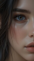 Fototapeta premium Close-up portrait of a woman with captivating blue eyes. The image emphasizes her facial features, soft makeup, and serene expression.