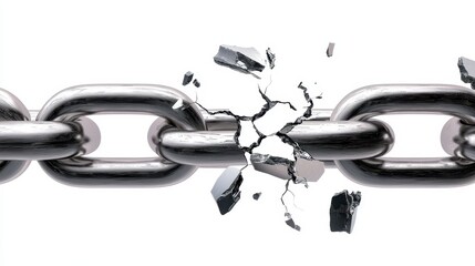 A broken chain link with shards flying off, symbolizing disruption or the breaking of bonds.