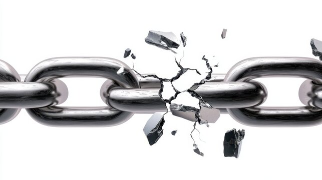 A broken chain link with shards flying off, symbolizing disruption or the breaking of bonds.