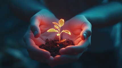 Fototapeta premium A pair of hands gently holds a small plant sprouting from dark soil, illuminated by a soft glow, symbolizing care and growth.