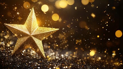 Festive christmas background with shimmering gold star decoration on red