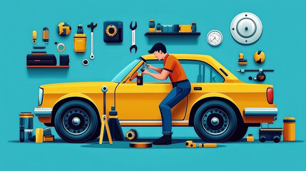 Naklejka premium The car mechanic is repairing the car