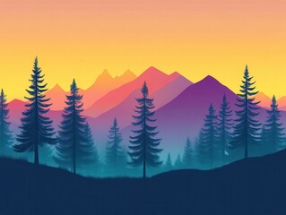 Fototapeta premium A serene landscape showcasing mountains at sunset, framed by silhouettes of tall evergreen trees in vibrant shades of purple and orange.