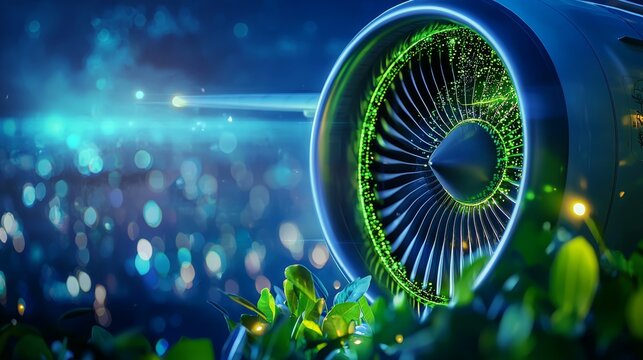 Sustainable Air Travel Concept - Jet Engine Powered by Green Aviation Fuel with Eco-Friendly Labeling