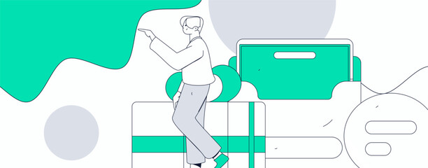 Holiday shopping people doing e-commerce online shopping flat vector concept operation hand drawn illustration
