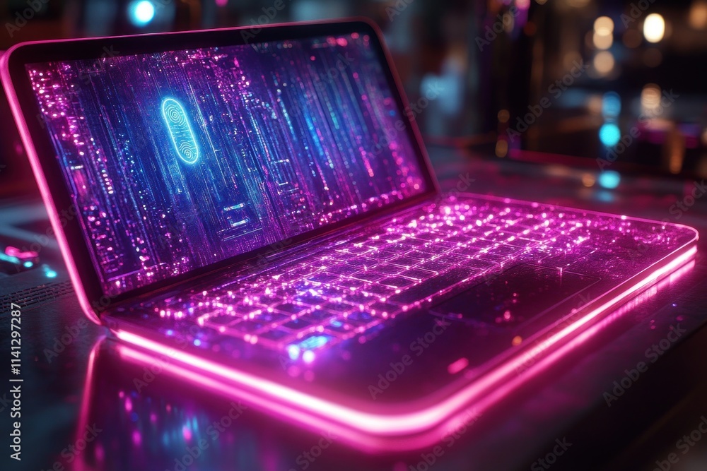 Poster futuristic laptop with glowing fingerprint shield in a minimalist cyberpunk office environment