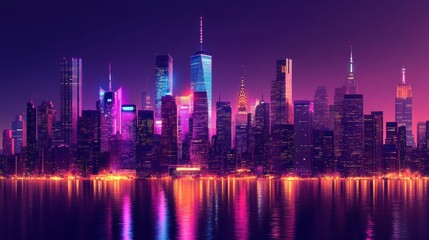 Obraz premium Vibrant city skyline at night, reflecting on water.