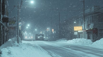 Snowy night street scene with vehicle driving through heavy snowfall.