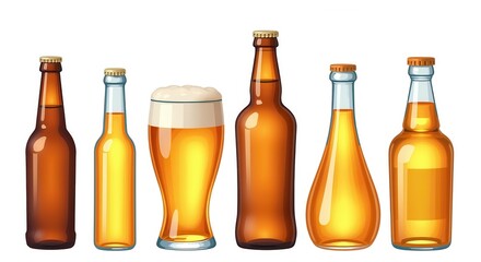 Illustration of Diverse Beer Bottles and Glass Collection with Various Shapes and Sizes for Beverage Branding and Design