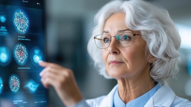 Senior female scientist in glasses examining a digital brain scan or neural network visualization on a screen in an advanced medical research lab