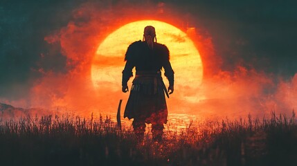 Fototapeta premium Silhouetted warrior stands before a fiery sunset, holding a sword.