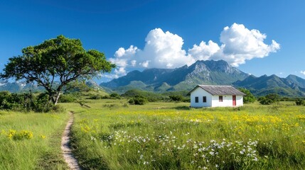 Obraz premium Idyllic mountain view with a quaint white cottage nestled in a lush green countryside setting Scenic trail leads through a field of wildflowers towards the majestic
