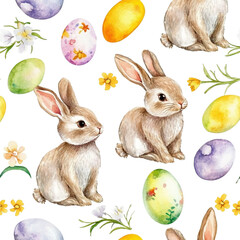 Obraz premium Easter bunny and colored eggs, seamless pattern, watercolor illustration on white background.
