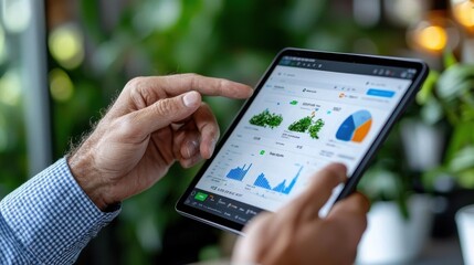 Businessman analyzing financial data and business analytics on the screen of mobile smartphone device in office environment