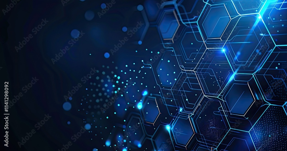 Poster abstract digital background featuring hexagonal shapes and glowing elements in blue tones.
