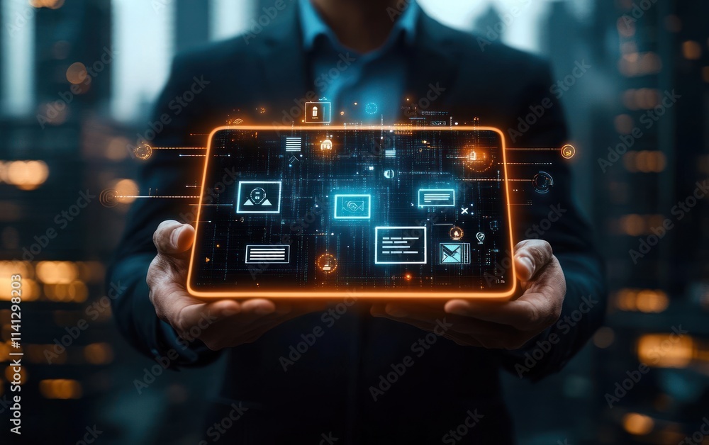 Poster businessman with glowing tablet displaying saas icons for cloud software services and modern technol