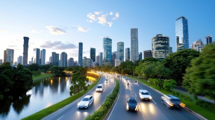 Aerial view of a bustling downtown cityscape with towering modern glass and steel skyscrapers reflected in the calm waters of a tranquil river at dusk