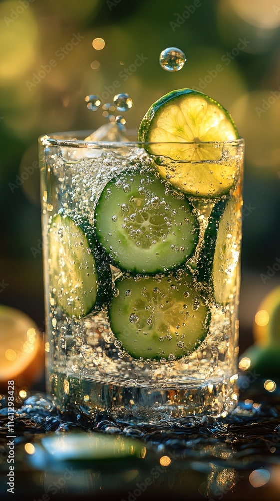 Poster a refreshing drink with cucumber and lime slices, bubbles rising in a glass.