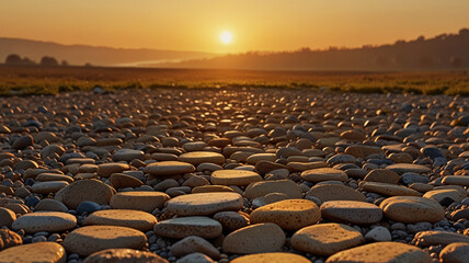 Obraz premium Coastal Harmony: The Sun Sets over a Calm Sea, Framed by Smooth Stones on a Tranquil Shoreline.