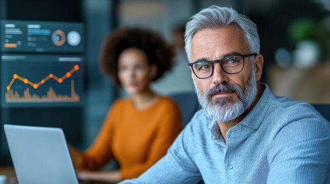 Diverse team of business professionals collaborating and analyzing financial data charts and analytics on laptop computer in a modern office setting Concept of corporate strategy planning