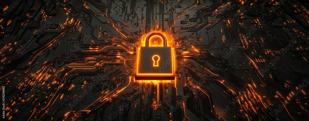 Poster cybersecurity: digital lock secures data on circuit board, illuminating network protection.