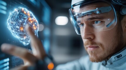 Futuristic scientist or researcher wearing head mounted display goggles and interacting with a holographic virtual interface or globe  Concept of advanced technology digital innovation and AI driven