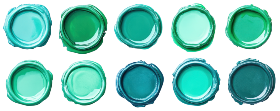 ten swatches of green paint on a transparent background showing a gradient of green shades from light to dark