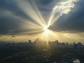 A stunning view of city skyline bathed in golden sunlight, with dramatic rays breaking through dark clouds, creating a captivating atmospheric effect.