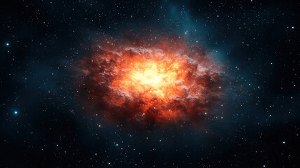 galactic center energy concept. A vibrant explosion in space, showcasing a fiery core surrounded by a dark cosmic background filled with stars.