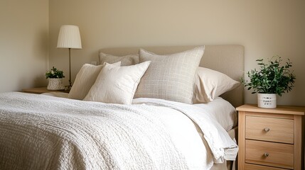 A clean and bright Scandinavian-inspired bedroom featuring a neutral color palette, a neatly made bed with soft linens, a wooden nightstand, and a small potted plant for a fresh and peaceful 