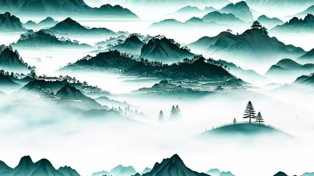 Chinese Feng Shui ink clouds and mist mountains and rivers scenery