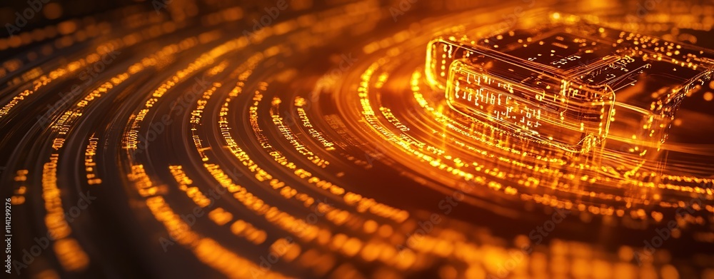 Poster digital data streams flowing through a futuristic circuitry, illuminated in vibrant orange hues.