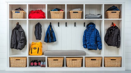 A clean and functional mudroom interior isolated on white, showcasing open cubbies, hooks for jackets, and neatly placed storage baskets. A small bench with a cushion adds comfort, creating 