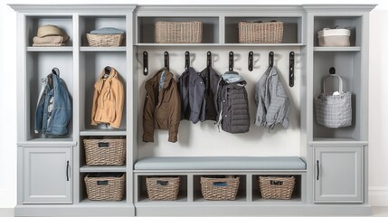 A clean and functional mudroom interior isolated on white, showcasing open cubbies, hooks for jackets, and neatly placed storage baskets. A small bench with a cushion adds comfort, creating 