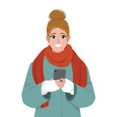 Woman with blonde hair is wearing a pretty sweater and using a smartphone. Flat Vector character illustration