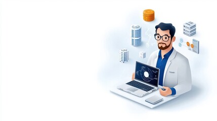 Focused Medical Professional Scientist or Doctor Analyzing Data Diagnostic Information or Research on Laptop Computer in Intelligent Modern Office or Clinic Workspace