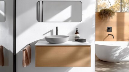 A clean and modern minimalist bathroom interior isolated on white, featuring a floating vanity with a vessel sink, a frameless mirror, and sleek black fixtures. The design combines simplicity, 