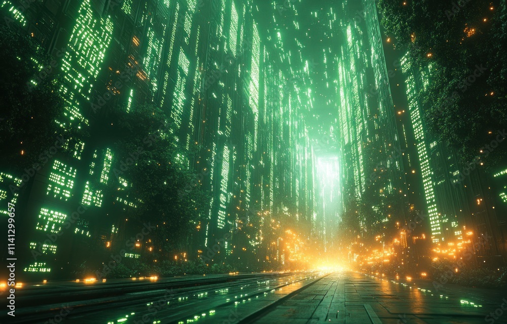 Aufkleber futuristic digital landscape with binary code in neon green cyberpunk aesthetics
