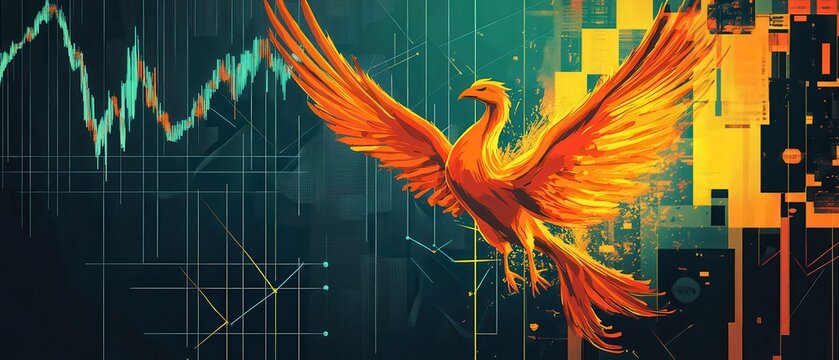 A vibrant phoenix rises against a backdrop of digital graphs, symbolizing rebirth, resilience, and growth in a tech-driven world.