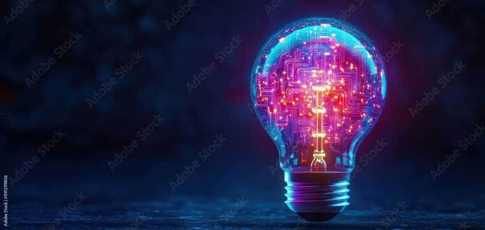 Poster illuminated circuit light bulb in cyberpunk style on dark background