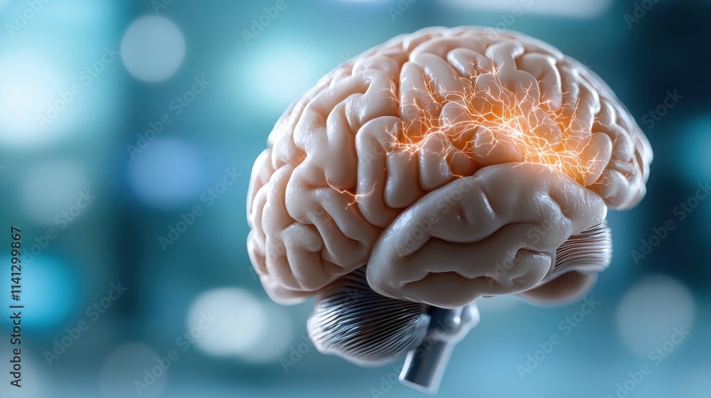 Poster closeup view of a human brain glowing with bright electrical impulses and neural activity representi
