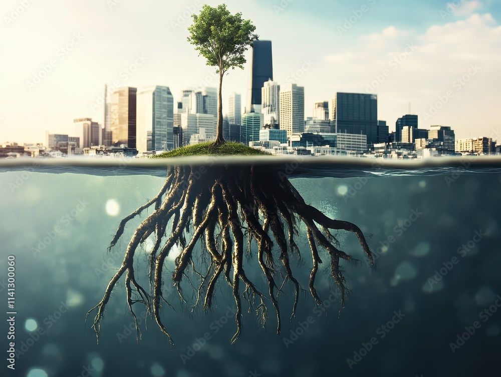 Poster A tree grows on a small island with roots submerged underwater, contrasting nature and urban architecture in a vibrant cityscape.