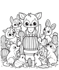 Coloring page education design cute fox meeting group