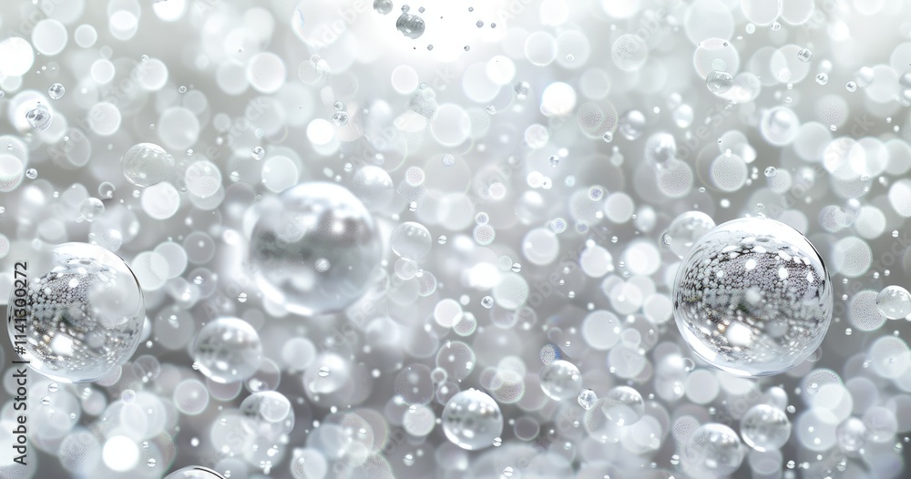 Poster a mesmerizing abstract image featuring floating bubbles against a soft, shimmering background.