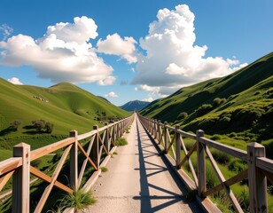 Fototapeta premium A serene landscape unfolds as a majestic wooden bridge stretches across the frame, its weathered rails embracing the gentle slope below