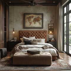 A cozy, stylish bedroom featuring a tufted headboard and warm decor elements.