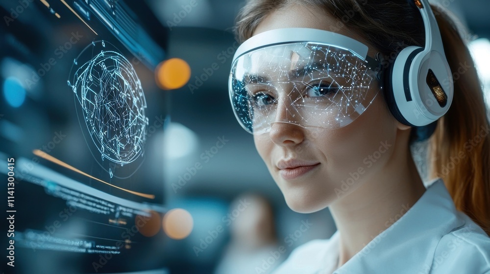 Poster young woman wearing a virtual reality headset and interacting with a futuristic digital interface sh